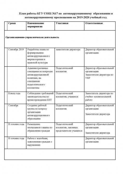 План работы КГУ СОШ №17 по  антикоррупционному  образованию и антикоррупционному просвещению на 2019-2020 учебный год
