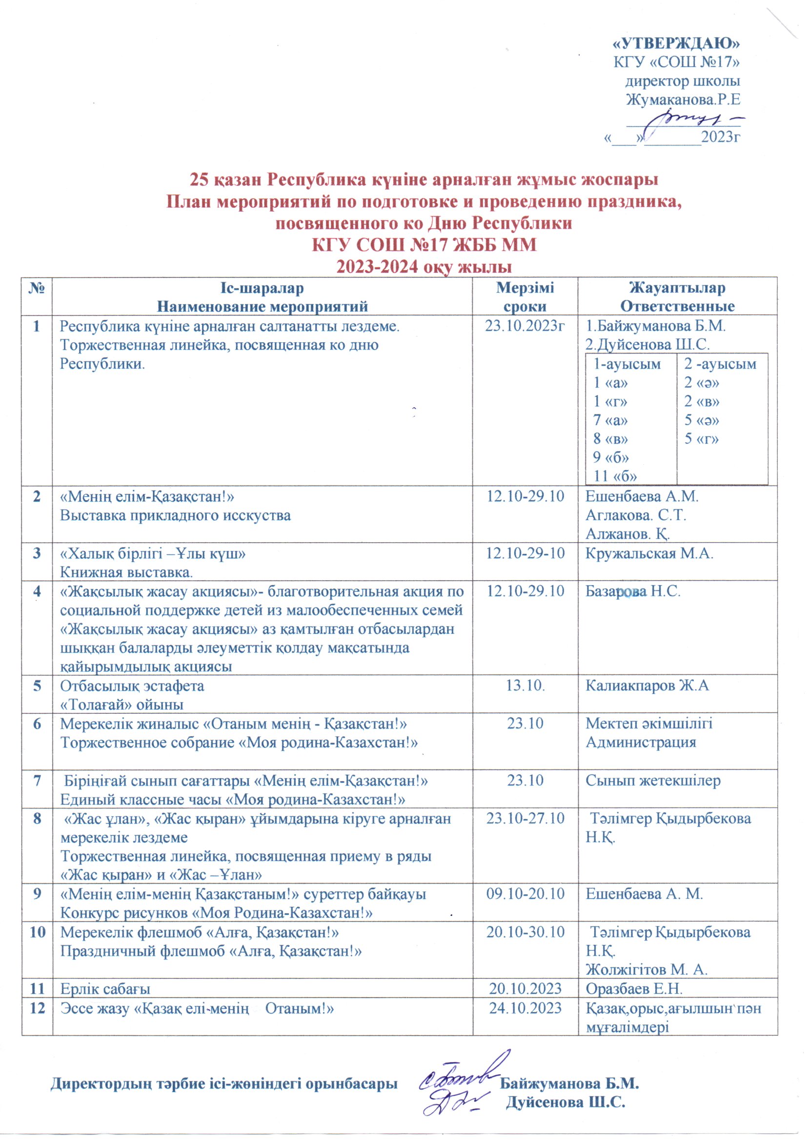 Республика күніне арналған жұмыс жоспары 2023-2024 оқу жылы