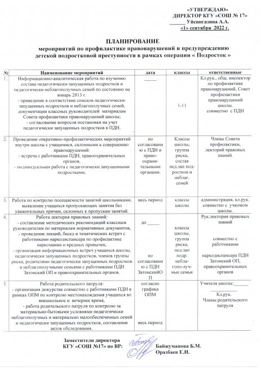 Планирование мероприятия по профилактике правонарушений и предупреждению детской подростковой преступности в рамках операции "Подросток"
