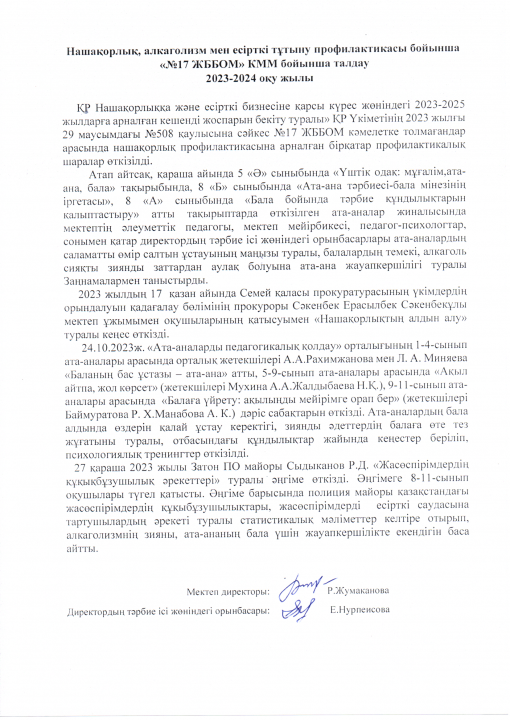 Нашақорлық, алкоголизм мен есірткі профилактикасы бойынша талдау 2023-2024 оқу жылы