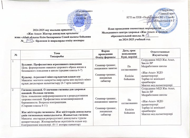 "Jas asyl" жастар денсаулық орталығымен біріккен жұмыс жоспары