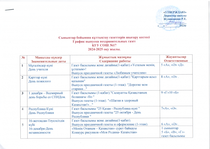 Сыныптар бойынша құттықтау газеттерін шығару кестесі 2024-2025 оқу жылы