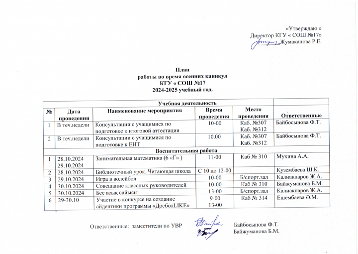 Күзгі каникул уақытындағы жұмыс жоспары