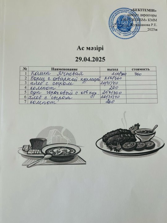 Күнделікті ас мәзірі 29.04