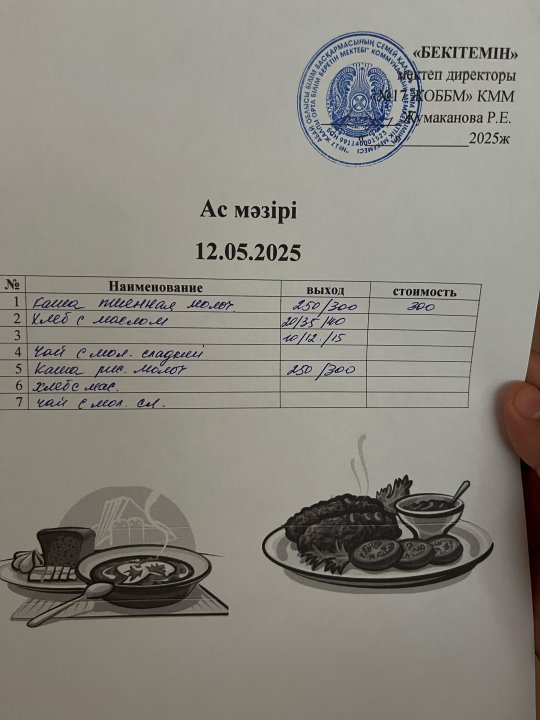 Күнделікті ас мәзірі 12.05